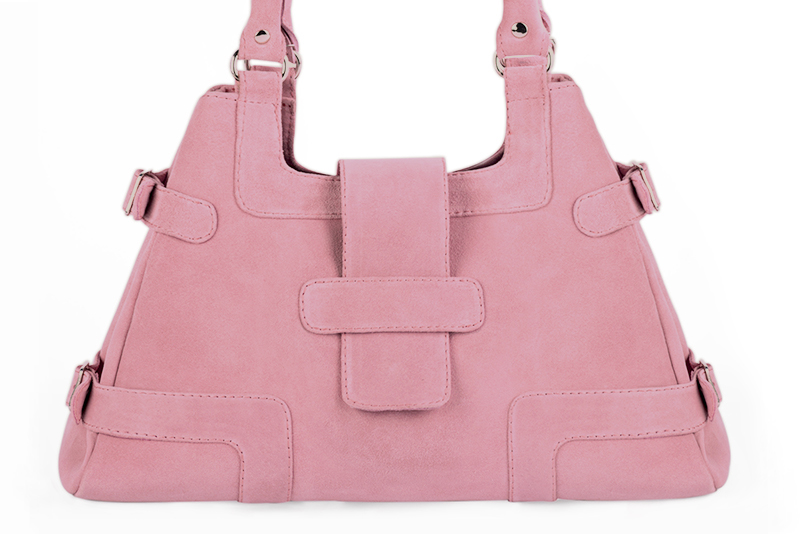 Carnation pink women's dress handbag, matching pumps and belts. Profile view - Florence KOOIJMAN